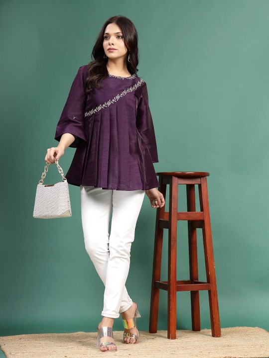 Floral Embroidered Pleated Top